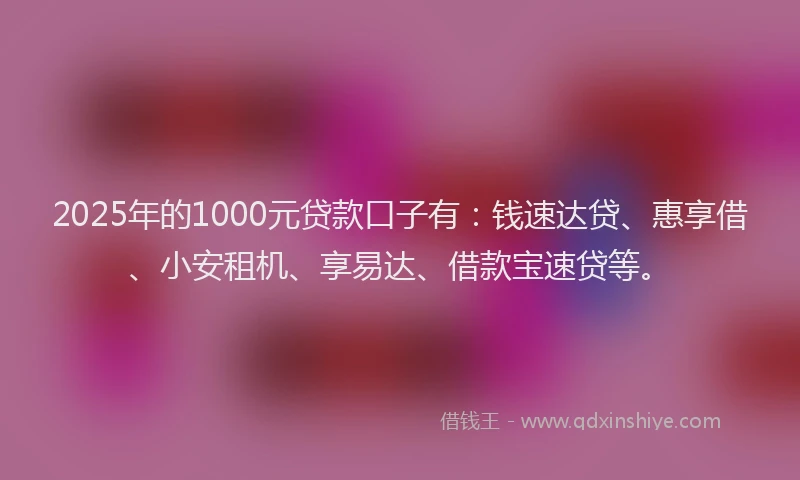 2025年的1000元贷款口子有：钱速达贷、惠享借、小安租机、享易达、借款宝速贷等。