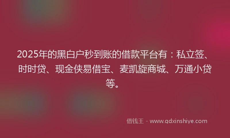 2025年的黑白户秒到账的借款平台有：私立签、时时贷、现金侠易借宝、麦凯旋商城、万通小贷等。