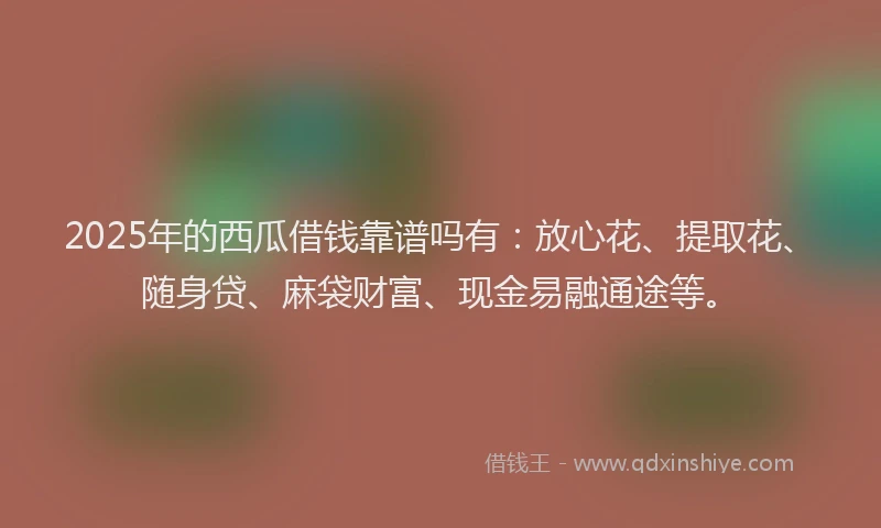 2025年的西瓜借钱靠谱吗有：放心花、提取花、随身贷、麻袋财富、现金易融通途等。