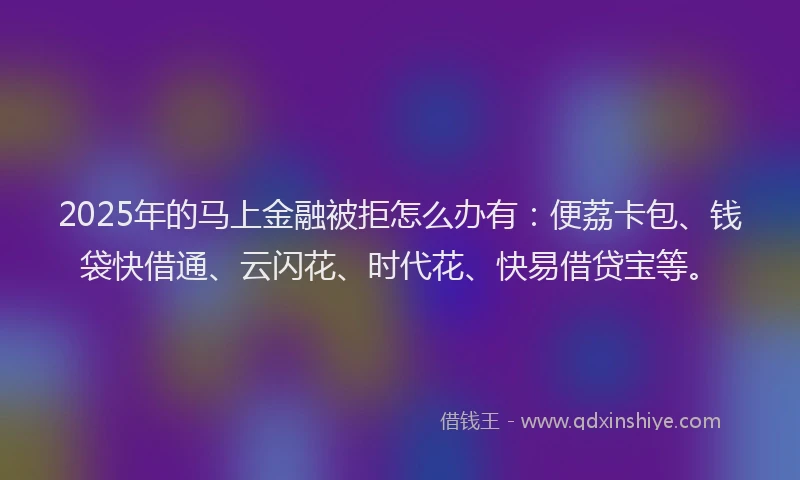 2025年的马上金融被拒怎么办有：便荔卡包、钱袋快借通、云闪花、时代花、快易借贷宝等。