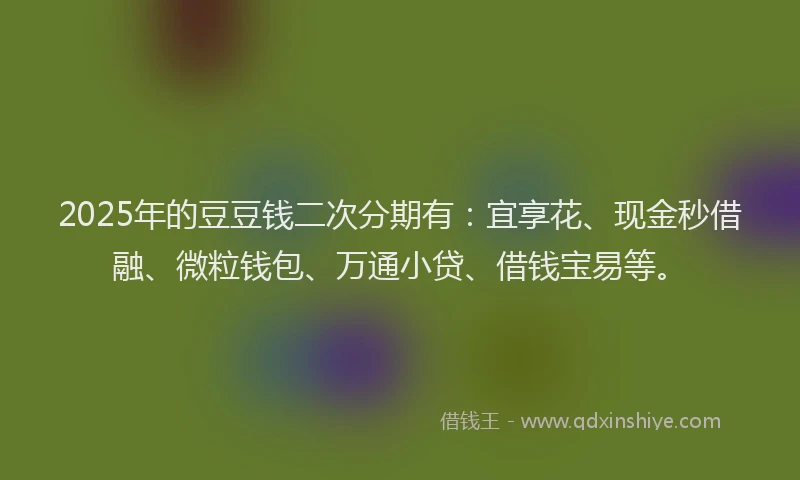 2025年的豆豆钱二次分期有：宜享花、现金秒借融、微粒钱包、万通小贷、借钱宝易等。