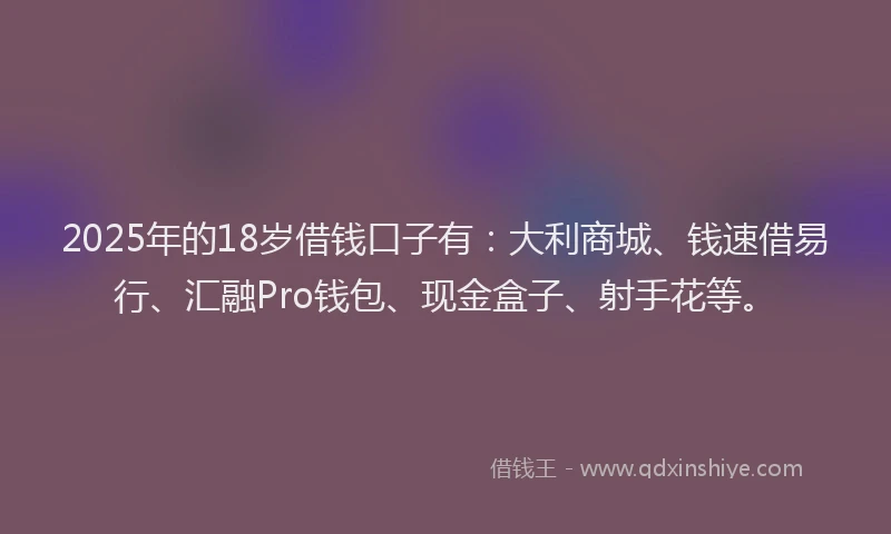 2025年的18岁借钱口子有：大利商城、钱速借易行、汇融Pro钱包、现金盒子、射手花等。