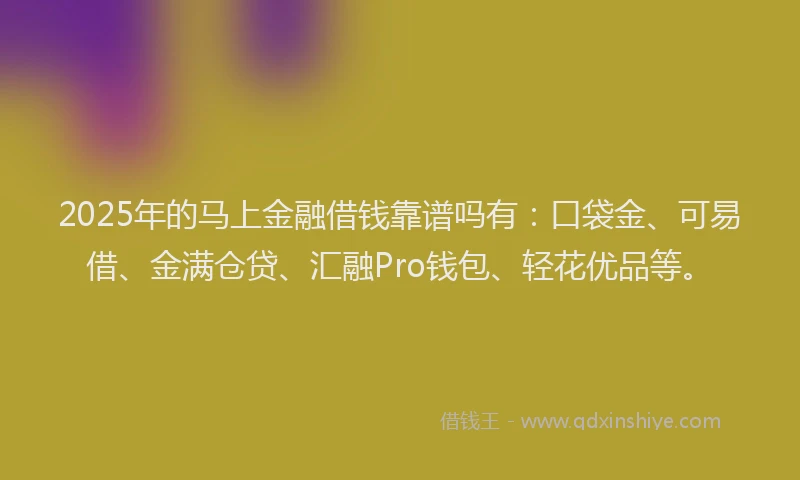 2025年的马上金融借钱靠谱吗有：口袋金、可易借、金满仓贷、汇融Pro钱包、轻花优品等。