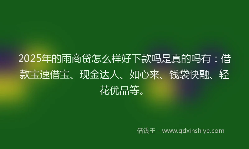 2025年的雨商贷怎么样好下款吗是真的吗有：借款宝速借宝、现金达人、如心来、钱袋快融、轻花优品等。