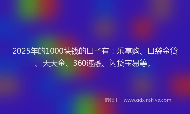 2025年的1000块钱的口子有：乐享购、口袋金贷、天天金、360速融、闪贷宝易等。