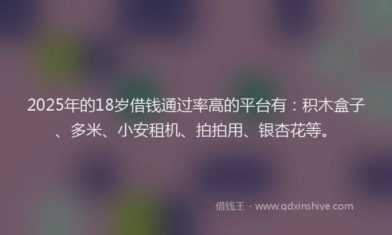 2025年的18岁借钱通过率高的平台有：积木盒子、多米、小安租机、拍拍用、银杏花等。