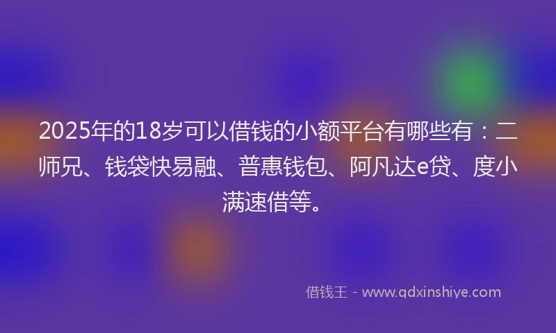 2025年的18岁可以借钱的小额平台有哪些有：二师兄、钱袋快易融、普惠钱包、阿凡达e贷、度小满速借等。