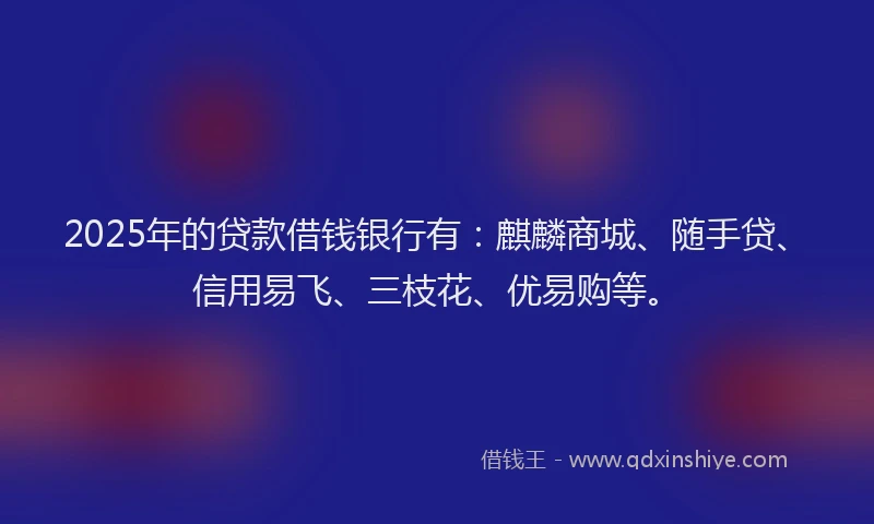 2025年的贷款借钱银行有：麒麟商城、随手贷、信用易飞、三枝花、优易购等。
