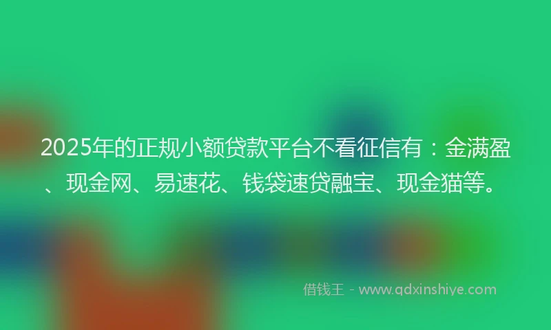 2025年的正规小额贷款平台不看征信有：金满盈、现金网、易速花、钱袋速贷融宝、现金猫等。