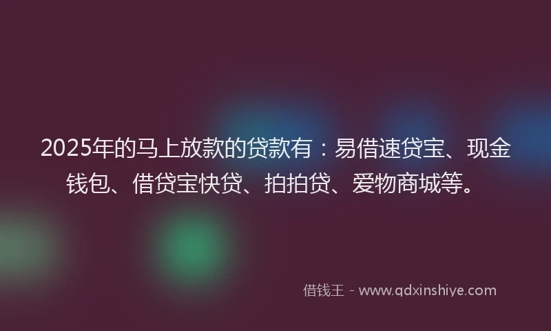 2025年的马上放款的贷款有：易借速贷宝、现金钱包、借贷宝快贷、拍拍贷、爱物商城等。