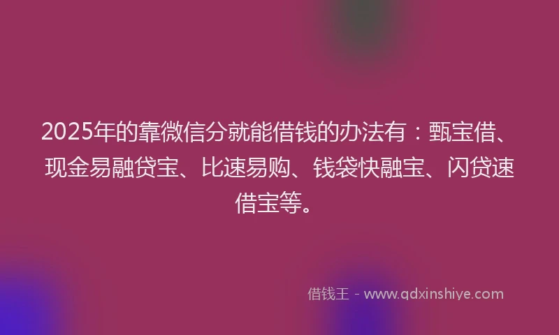 2025年的靠微信分就能借钱的办法有：甄宝借、现金易融贷宝、比速易购、钱袋快融宝、闪贷速借宝等。