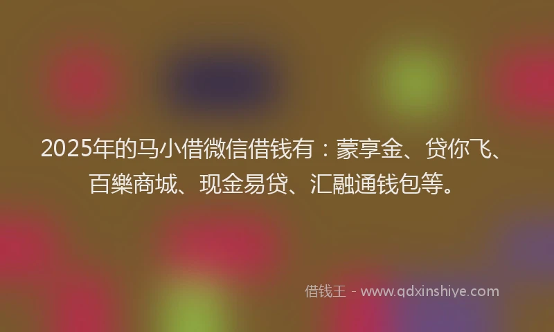 2025年的马小借微信借钱有：蒙享金、贷你飞、百樂商城、现金易贷、汇融通钱包等。