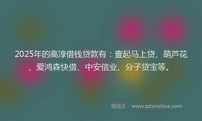 2025年的高淳借钱贷款有：壹起马上贷、葫芦花、爱鸿森快借、中安信业、分子贷宝等。