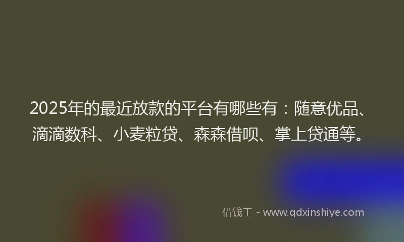 2025年的最近放款的平台有哪些有：随意优品、滴滴数科、小麦粒贷、森森借呗、掌上贷通等。