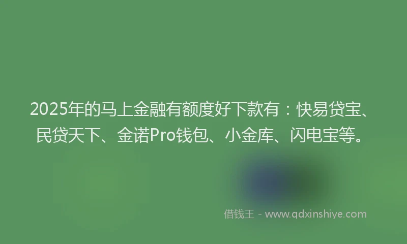 2025年的马上金融有额度好下款有：快易贷宝、民贷天下、金诺Pro钱包、小金库、闪电宝等。