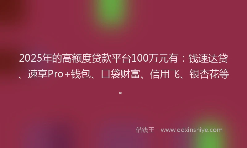 2025年的高额度贷款平台100万元有：钱速达贷、速享Pro+钱包、口袋财富、信用飞、银杏花等。