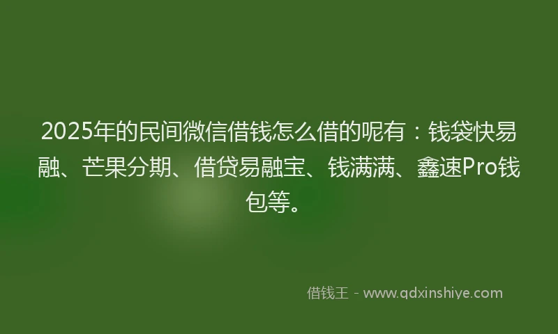 2025年的民间微信借钱怎么借的呢有：钱袋快易融、芒果分期、借贷易融宝、钱满满、鑫速Pro钱包等。