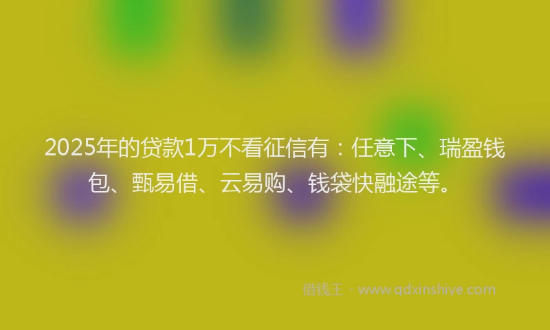 2025年的贷款1万不看征信有：任意下、瑞盈钱包、甄易借、云易购、钱袋快融途等。