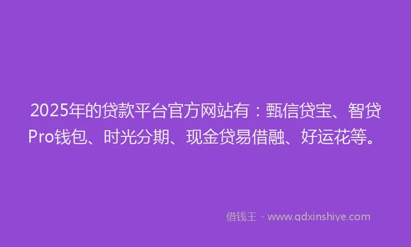 2025年的贷款平台官方网站有：甄信贷宝、智贷Pro钱包、时光分期、现金贷易借融、好运花等。