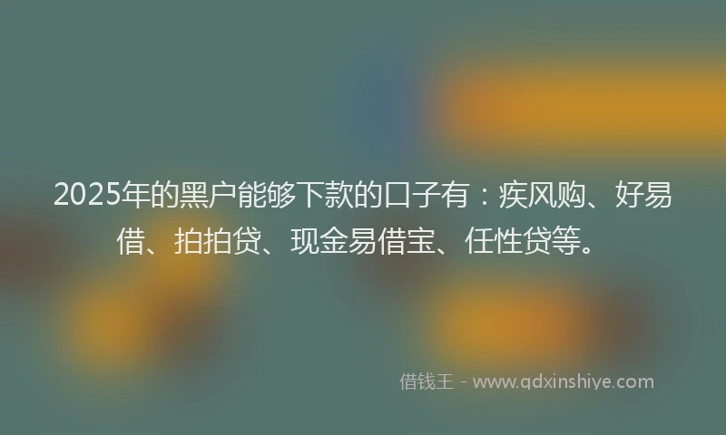 2025年的黑户能够下款的口子有：疾风购、好易借、拍拍贷、现金易借宝、任性贷等。