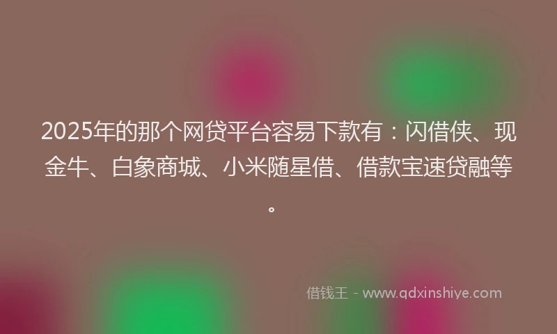 2025年的那个网贷平台容易下款有：闪借侠、现金牛、白象商城、小米随星借、借款宝速贷融等。