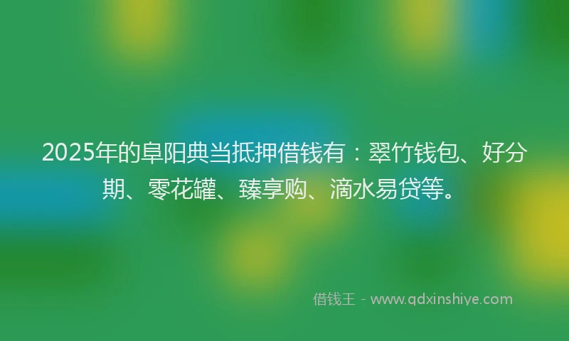 2025年的阜阳典当抵押借钱有：翠竹钱包、好分期、零花罐、臻享购、滴水易贷等。