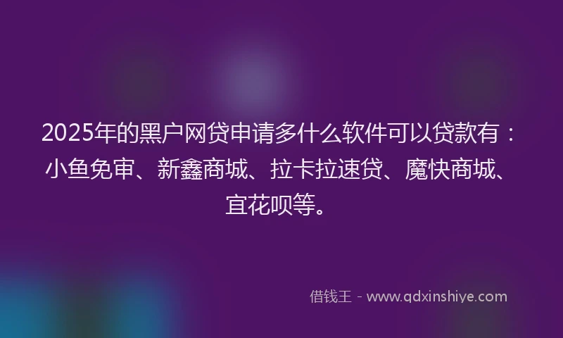 2025年的黑户网贷申请多什么软件可以贷款有：小鱼免审、新鑫商城、拉卡拉速贷、魔快商城、宜花呗等。