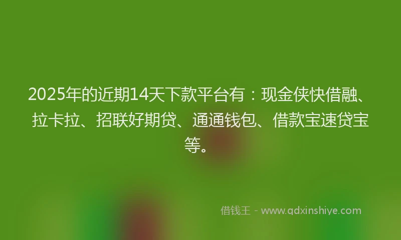 2025年的近期14天下款平台有：现金侠快借融、拉卡拉、招联好期贷、通通钱包、借款宝速贷宝等。