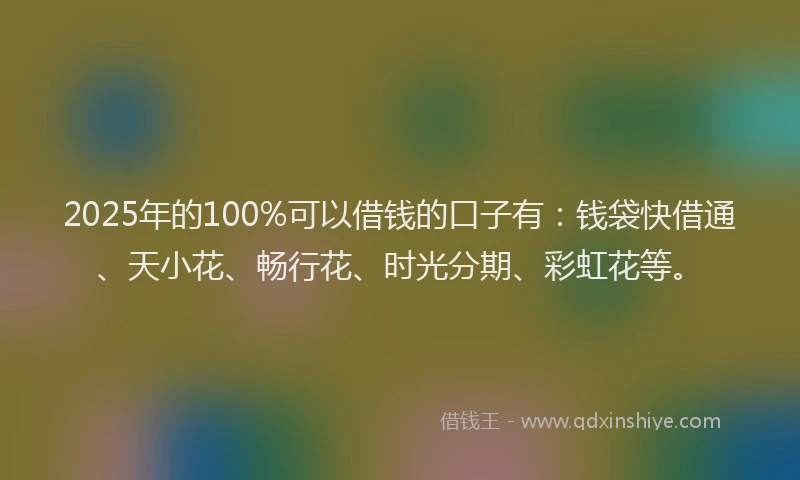 2025年的100%可以借钱的口子有：钱袋快借通、天小花、畅行花、时光分期、彩虹花等。
