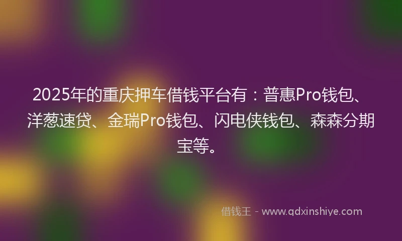 2025年的重庆押车借钱平台有:普惠Pro钱包、洋葱速贷、金瑞Pro钱包、闪电侠钱包、森森分期宝等。