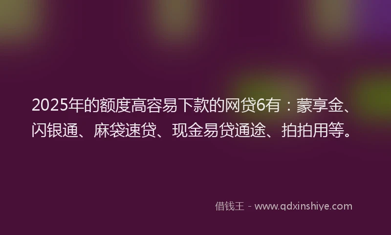 2025年的额度高容易下款的网贷6有：蒙享金、闪银通、麻袋速贷、现金易贷通途、拍拍用等。