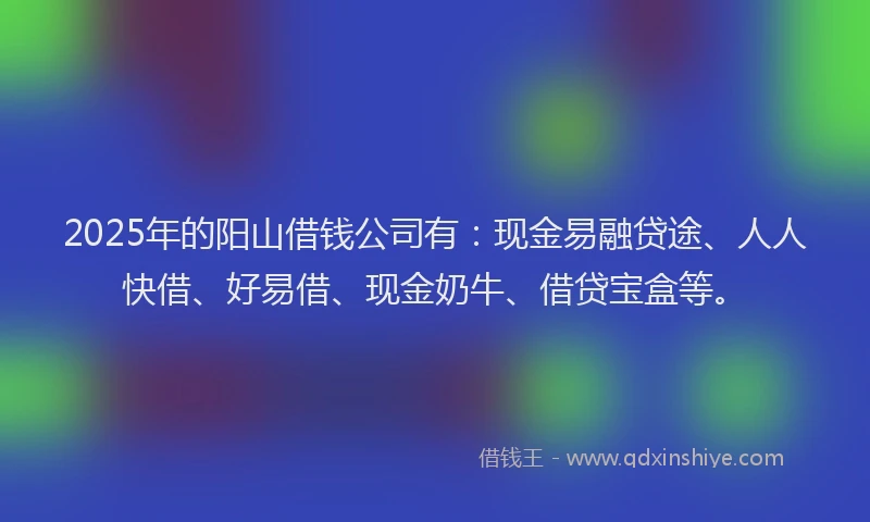 2025年的阳山借钱公司有：现金易融贷途、人人快借、好易借、现金奶牛、借贷宝盒等。