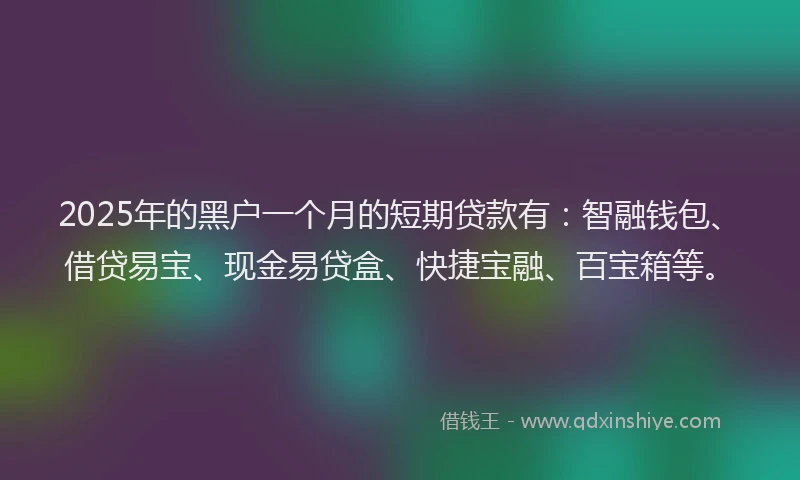 2025年的黑户一个月的短期贷款有：智融钱包、借贷易宝、现金易贷盒、快捷宝融、百宝箱等。