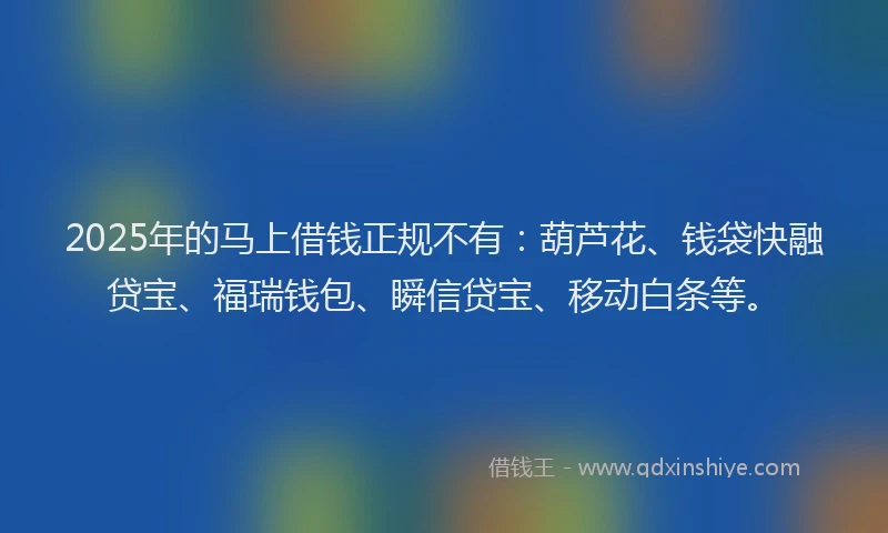 2025年的马上借钱正规不有：葫芦花、钱袋快融贷宝、福瑞钱包、瞬信贷宝、移动白条等。