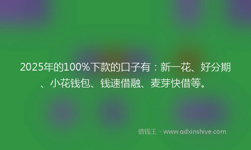 2025年的100%下款的口子有：新一花、好分期、小花钱包、钱速借融、麦芽快借等。