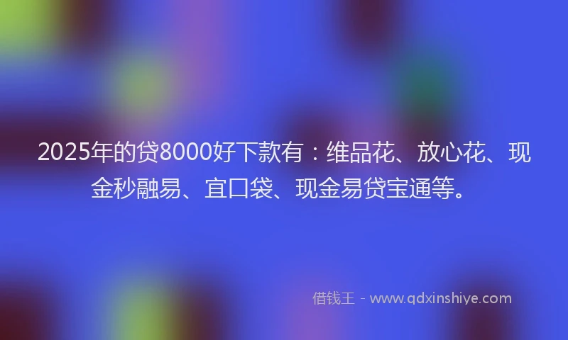 2025年的贷8000好下款有：维品花、放心花、现金秒融易、宜口袋、现金易贷宝通等。