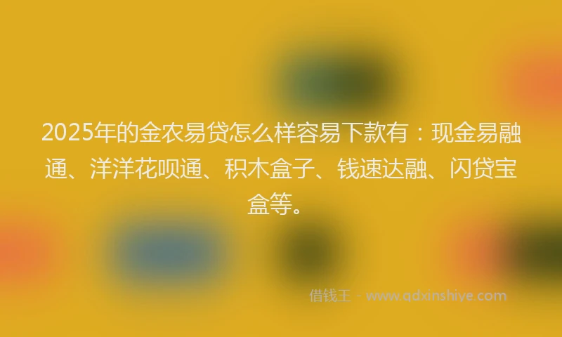 2025年的金农易贷怎么样容易下款有：现金易融通、洋洋花呗通、积木盒子、钱速达融、闪贷宝盒等。