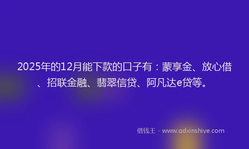 2025年的12月能下款的口子有:蒙享金、放心借、招联金融、翡翠信贷、阿凡达e贷等。