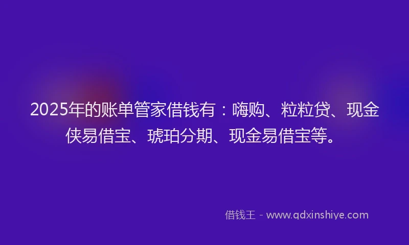 2025年的账单管家借钱有：嗨购、粒粒贷、现金侠易借宝、琥珀分期、现金易借宝等。