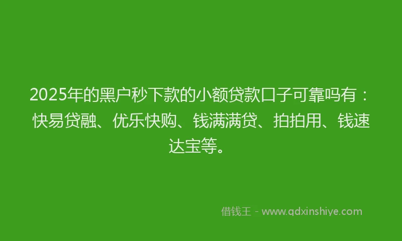2025年的黑户秒下款的小额贷款口子可靠吗有：快易贷融、优乐快购、钱满满贷、拍拍用、钱速达宝等。