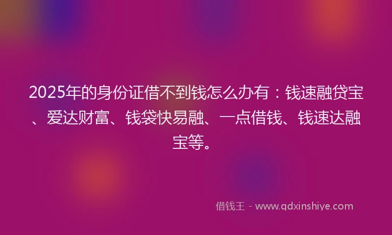 2025年的身份证借不到钱怎么办有：钱速融贷宝、爱达财富、钱袋快易融、一点借钱、钱速达融宝等。