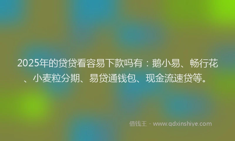 2025年的贷贷看容易下款吗有：鹅小易、畅行花、小麦粒分期、易贷通钱包、现金流速贷等。