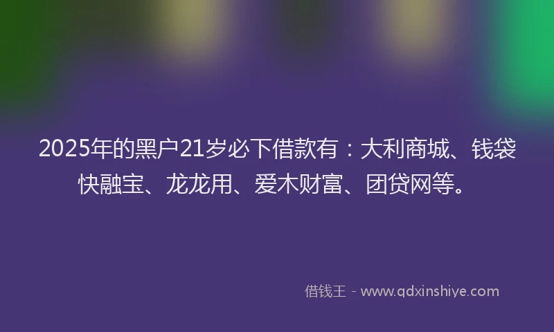 2025年的黑户21岁必下借款有：大利商城、钱袋快融宝、龙龙用、爱木财富、团贷网等。