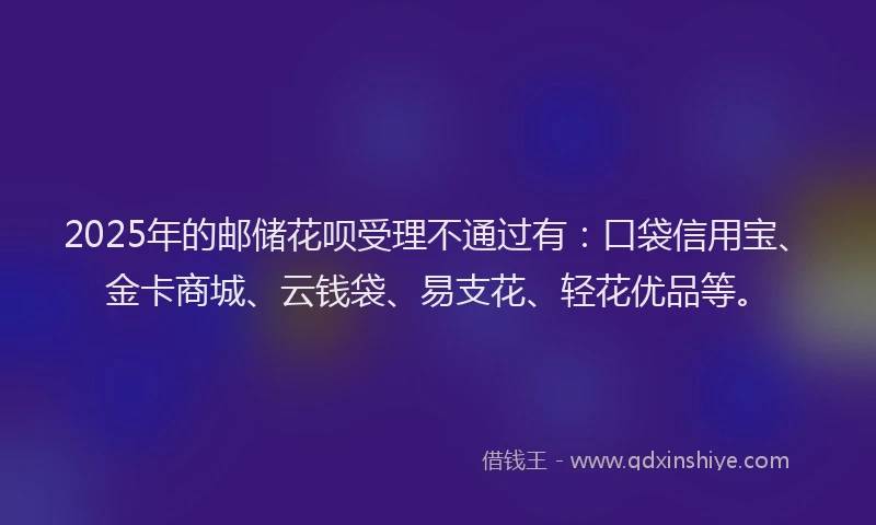 2025年的邮储花呗受理不通过有：口袋信用宝、金卡商城、云钱袋、易支花、轻花优品等。