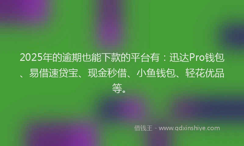 2025年的逾期也能下款的平台有：迅达Pro钱包、易借速贷宝、现金秒借、小鱼钱包、轻花优品等。
