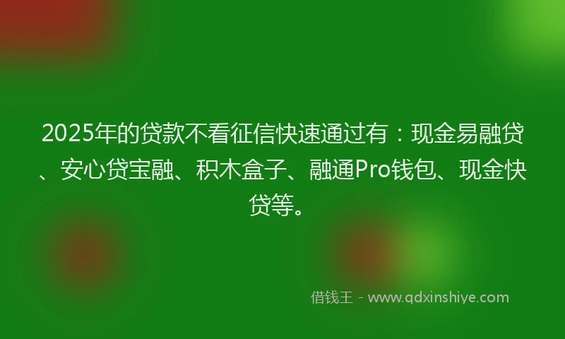 2025年的贷款不看征信快速通过有：现金易融贷、安心贷宝融、积木盒子、融通Pro钱包、现金快贷等。