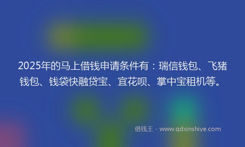 2025年的马上借钱申请条件有：瑞信钱包、飞猪钱包、钱袋快融贷宝、宜花呗、掌中宝租机等。