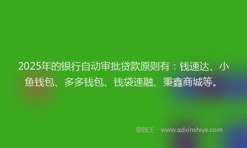 2025年的银行自动审批贷款原则有：钱速达、小鱼钱包、多多钱包、钱袋速融、秉鑫商城等。