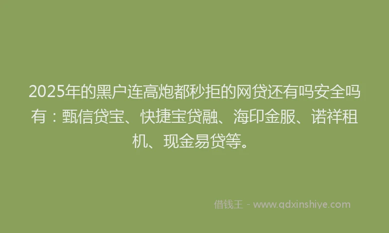 2025年的黑户连高炮都秒拒的网贷还有吗安全吗有：甄信贷宝、快捷宝贷融、海印金服、诺祥租机、现金易贷等。