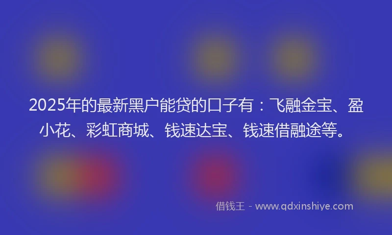 2025年的最新黑户能贷的口子有：飞融金宝、盈小花、彩虹商城、钱速达宝、钱速借融途等。